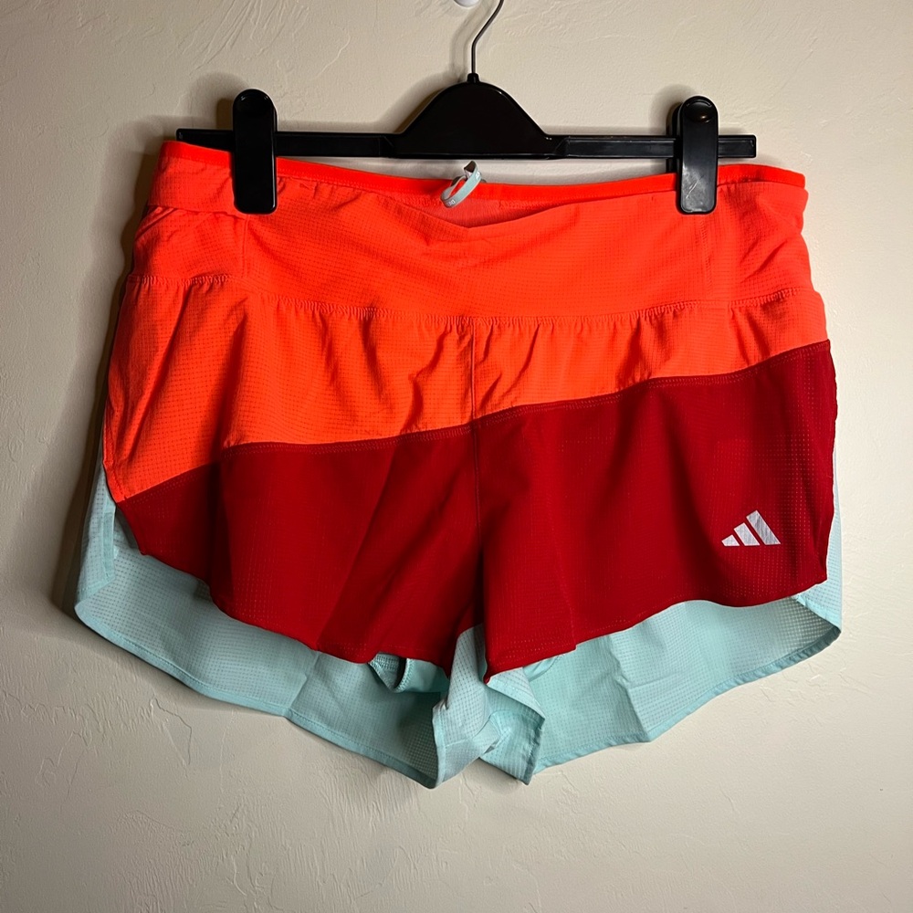 adidas Women's Colorblock Athletic Shorts — Orange, Red & Light Blue Large